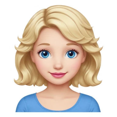 Girl Blonde short wavy hair,  blue eyes, cute blue top, long lashes, pink lips, 👄 smiling  sticker