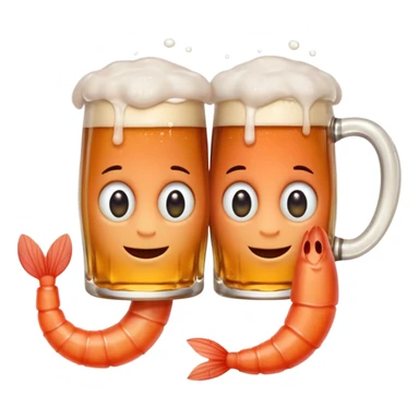 Design a trendy emoji-style illustration of two shrimp peeking from behind text, only half of their bodies visible, curious and playful expressions.
One shrimp holding a beer mug, the other pointing forward.
 sticker