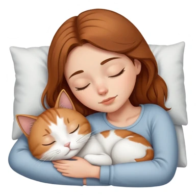 brunette caramel haired girl sleeping with mostly white and light grey cat sticker
