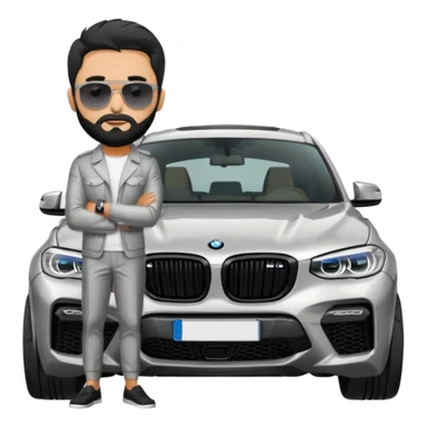 A man with black hair and beard standing next to his silver grey BMW X4 M competition with sunglasses and slick hair sticker