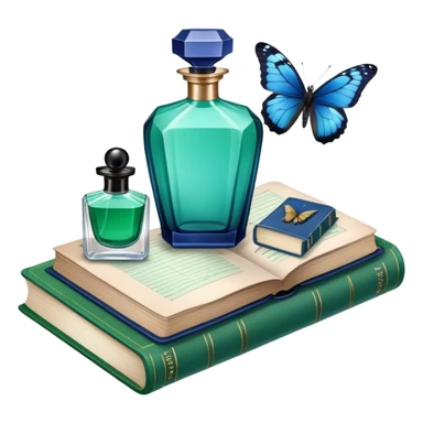 A vintage still-life composition featuring a navy perfume bottle, an old green book, and a blue butterfly. sticker