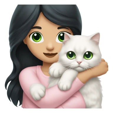 girl with very long black hair and green eyes and light pink outfit hugging a white scottish fold long hair blue eyes cat  sticker