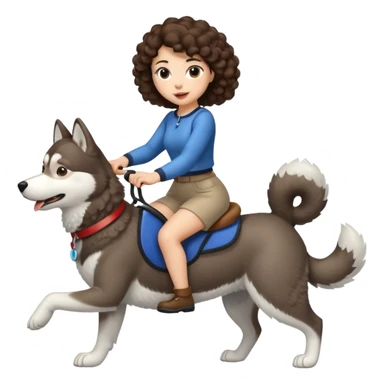 cute woman short tight curly brown hair riding big husky dog sticker