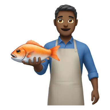 guy in a blue apron holding a fish sticker