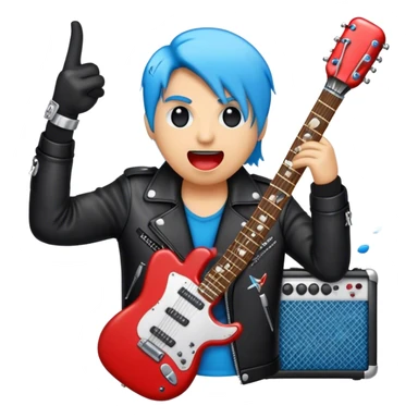 Create a bold and energetic emoji representing rock vocal performance, using a humanless collage. The design should feature a classic vintage microphone as the central element, surrounded by electric guitars, amplifiers, and musical notes that suggest the powerful sound of rock music. Add elements like a leather jacket, electric sparks, and soundwaves to evoke the raw energy and rebellious spirit of rock. Use strong, dynamic colors like black, red, silver, and electric blue to reflect the intensity of rock music. The background should be transparent. sticker