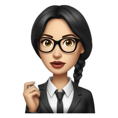 hyper realistic megan fox, wearing black suit and black glasses, holding a ruler sticker