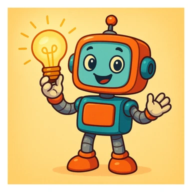 artificial intelligence, friendly robot with lightbulb, cartoon style sticker