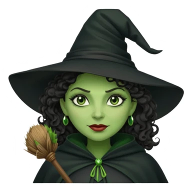 elphaba wicked witch with broom close up, evil dark curly hair, green skin, thick lips, cheekbones, smirk evil menacing cythia erivo dark aesthetic black hat cloak  sticker