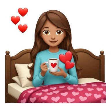 Un emoji de una chica con el pelo castaño y largo y suelto así como vestida como una that Girl y un café con dibujo de corazón y una cama aesthetic modo vida perfecta sticker