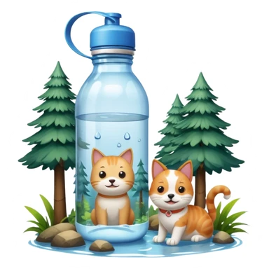 make a water bottle smile in a forests with a cat and dog  sticker