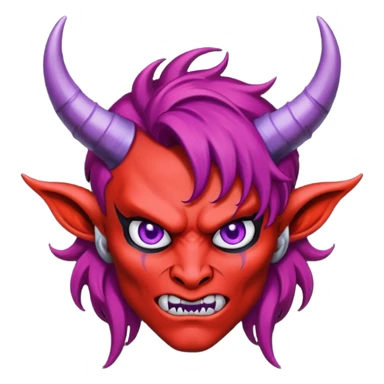 A red-skinned demon with crimson hair, purple eyes and four black horns, sticker