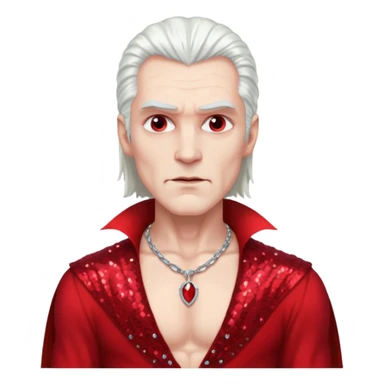 Count Dracula with long white hair, red sequin baggy pants, shirtless with necklace sticker