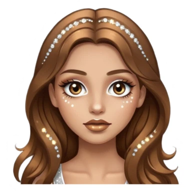Girl with long brown hair with sparkly white eyeshadow and sparkles on face and bronze lipstick  sticker