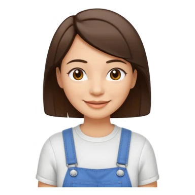 create an emoji of an adult woman with a couple wrinkles but with short straight brown hair, light skin, dark brown eyes and white top with an overall sticker