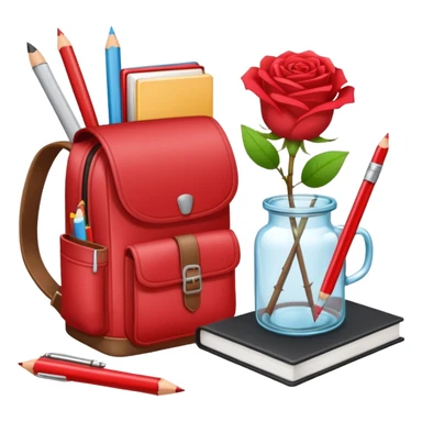 crear una  pizarra grande con libros a un lado, cuadernos, lapices, creyones, un vaso de cristal con rosas rojas, morral, lapto, estilo vector sticker