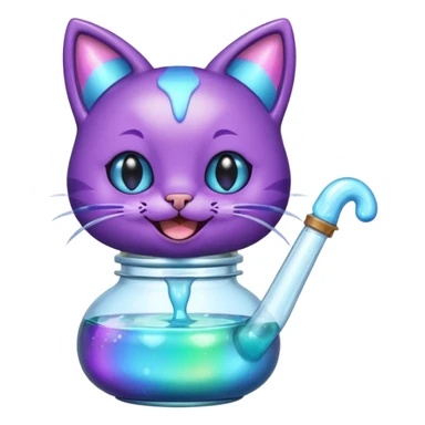 Smiling bottle of oil light purple top and light blue sticking tongue out and with cat ears sticker