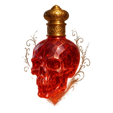 luxurious elixir bottle in the shape of a skull, red color with lots of glow, sharp edges, light refractions, golden neck and golden details, ornate decorations, magical effects, transparent background, beautiful merging bottom, bottle clearly hanging in the air without base or shadow, premium class impression, design matching a collection of crystal, luxurious, magical bottles sticker