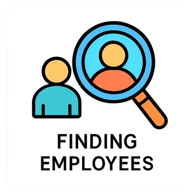 A flat design icon for 'Finding Employees' depicting a magnifying glass over a person, keeping the style professional yet approachable. sticker