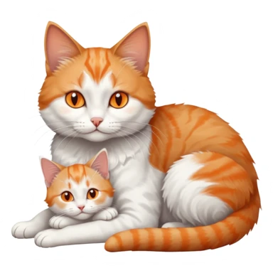 full body of a grey and white cat cuddling a very small + skinny ginger and white kitten with deep orange eyes and triangular shaped face lying down sticker