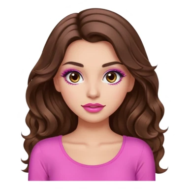 girl with long wavy brown hair, brown eyes, long lashes makeup, sexy pink lips, light to medium complexion, wearing a pink sexy t sticker