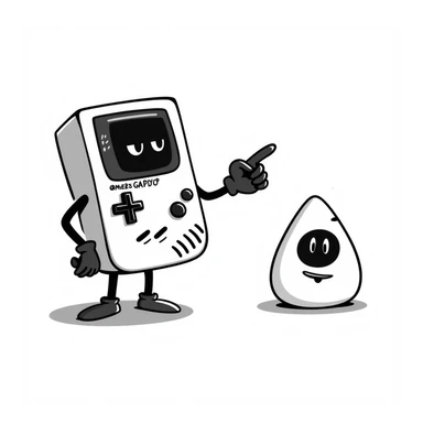 1930s style cartoon gameboy console character, cuphead-style, in black and white, on a plain white background, pointing at something.

 sticker