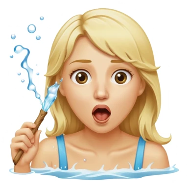 blond woman eating a stick the same color as her skin, water stream squirting directly from the stick into her open mouth, surprised expression sticker