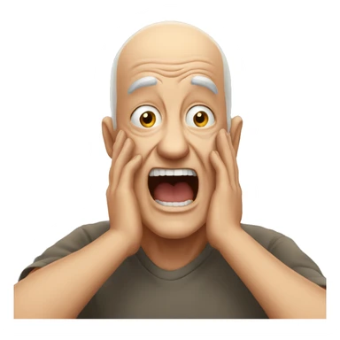 Older man with half a bald head holds his hands to his head and screaming sticker