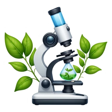 An icon featuring a microscope, a DNA strand, and plant leaves, symbolizing biology. The design includes cells, a test tube with a plant sample, representing life sciences, ecosystems, and the study of organisms. Transparent background highlights the exploration of living systems. sticker