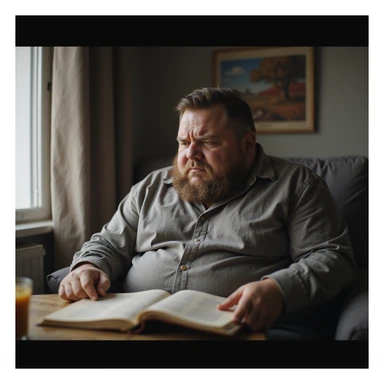 obese man trying to concentrate on a book but appears distracted and confused, home environment, hyperrealistic 4K details, realistic atmosphere, signs of cognitive difficulty sticker