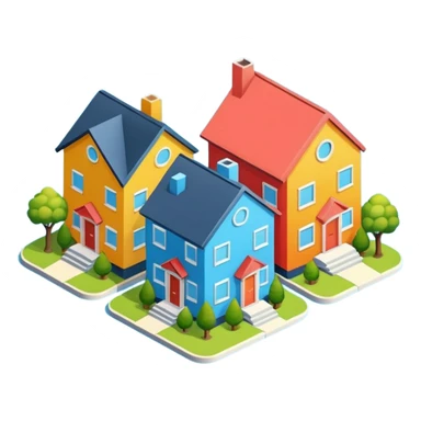 group of 3 houses representing neighborhood isometric houses on transparent background iphone like sticker