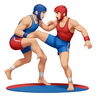 Two sambo fighters in blue and red gis with shorts, executing grappling and throwing techniques. The athletes are engaged in a dynamic hold or throw, showcasing the strength and skill of the sport. The background features a wrestling mat. Transparent background  sticker