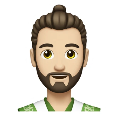 white man with short beard and a "top knot" samurai style dark brown hair. green eyes. slightly smiling. sticker