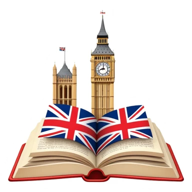 An icon featuring the Big Ben clock tower and the flag of the United Kingdom, symbolizing the English language. The design includes an open book with English words and phrases, representing language learning and cultural exploration. Transparent background  sticker