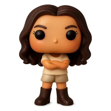 Enhance the quality of the image with smooth golden peach skin and a healthy glow, dark hair with subtle auburn highlights, even darker leather boots, textured clothing (cream top, greige bottom), arms crossed, rosy cheekbones, very subtle freckles, no neck visible, eyebrows with a mischievous and playful expression, no mouth, transparent background. Maintain the original style and details from the reference image. sticker