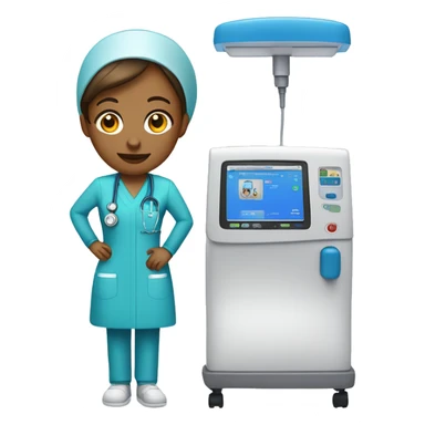 dialysis nurse wearing a blue tunic standing next to a dialysis machine sticker