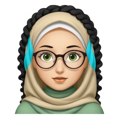 White hijabi girl with black eyes and black long hair white girl and black eyes wearing glasses and a white skin girl with curly honey hair and green eyes sticker