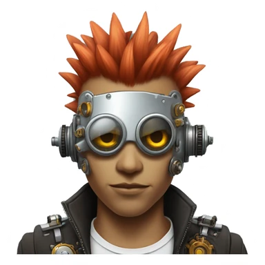 Light red Mohawk hair male cyborg head with white steampunk goggles and circuits sticker