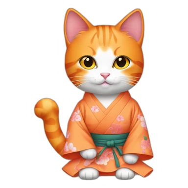 Beautiful orange cat wearing kimono holding peach sticker