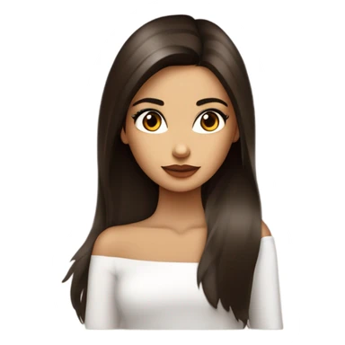 Chica morena de piel con pelo castaño oscuro listo y largo. Cara delgada, ojos rasgados y marrones oscuros y labios carnosos. Maquillada. Delgada . Top blanco.  sticker