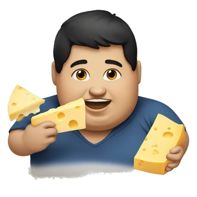 Fat boy with black hair eating cheese sticker