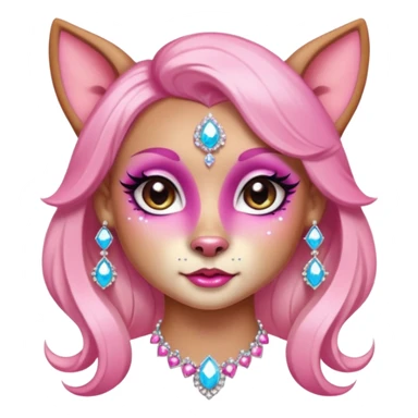 glamorous dog portrait, head and shoulders only, exaggerated pink makeup, bright eyeshadow, long eyelashes, shiny blush cheeks, sparkling face gems, glitter accents, elegant earrings, fantasy beauty style, cute 3D cartoon, mobile game icon style, clean background, no text, no watermark
 sticker
