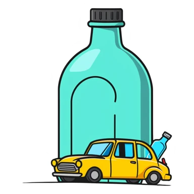 car with a driver sipping from a bottle, wobbly motion lines sticker