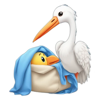White stork carrying a blue bundle of cloth in its big beak that has a human person cute baby human inside and the human baby head is peeking from the fabric the strok is carrying in its beak sticker