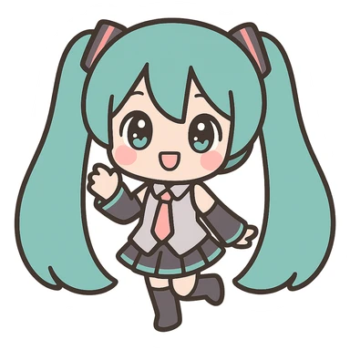 Hatsune Miku, chibi style, big eyes, teal hair, cute pose sticker