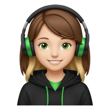 a girl with brown hair blonde ends green and wearing black headphones baggy hoddie she is happy  sticker