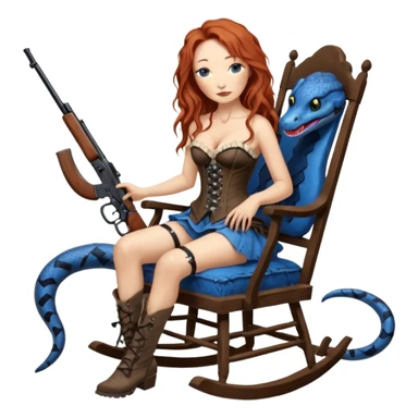 realistic cinematic Tori Amos sits on a rocking chair in a torn corset, holding an antique rifle and her bare feet are muddy. A blue snake is wrapped around the chair. sticker