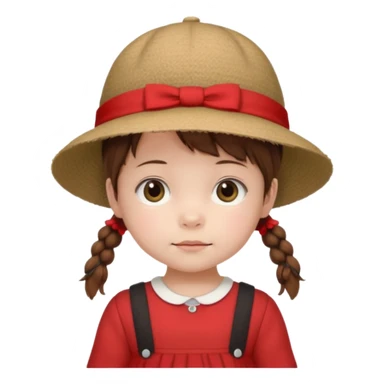 baby girl with brown hair and pigtails with a hat and red dress like My Neighbor Totoro movie sticker