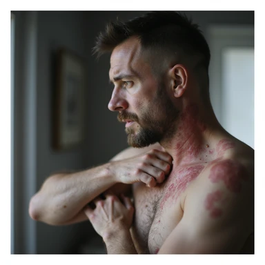 realistic man with rash on neck and arm, looking at affected areas with concern, soft lighting, home or clinical background, medical realism, dermatology focus, 4K sticker