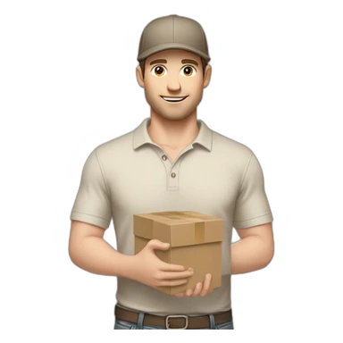 Pale skinned fit Man with dark brown hair in a beige cap, gray jeans, brown polo and white T-shirt keeping a pasted with tape white box into his hands sticker