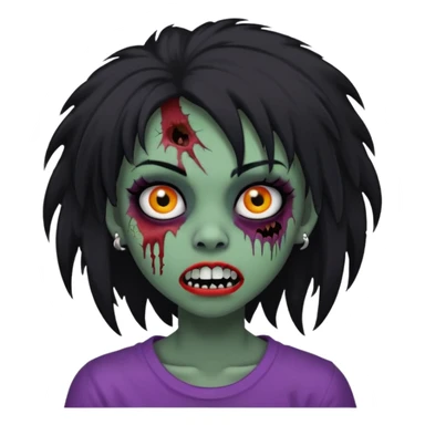 girl, zombie, black coily hair, medium long, emo, shaggy, dark, spooky, piercing on eyebrow, colourful teeth, creepy blank expression sticker